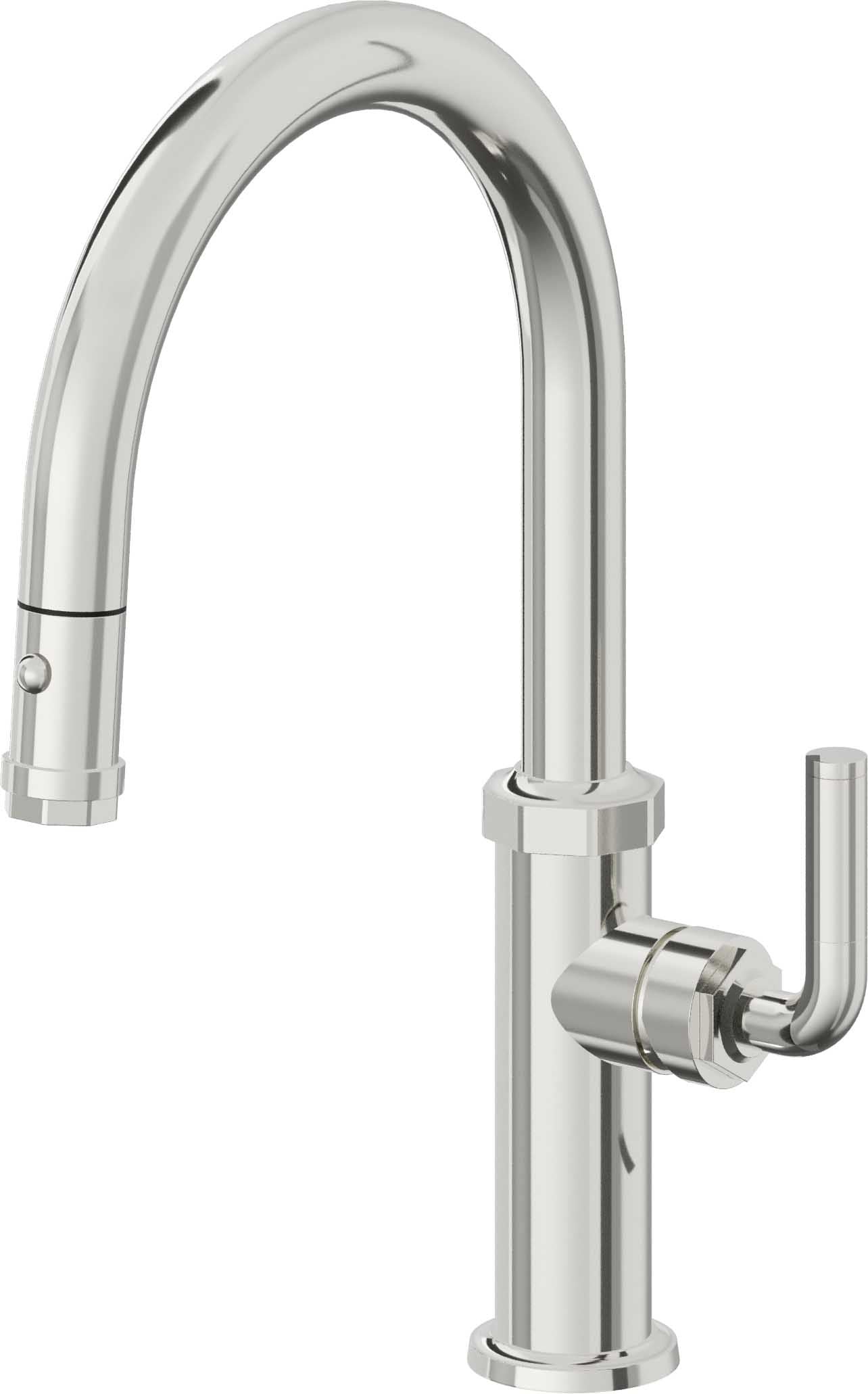 California Faucets Descanso Llave de Cocina con Rociador Extraíble hacia Abajo Industrial con Rociador de Botón - Low Pico en Arco - Cromo Pulido