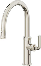 California Faucets Descanso Llave de Cocina con Rociador Extraíble hacia Abajo Industrial con Rociador de Botón - Low Pico en Arco - Níquel Pulido