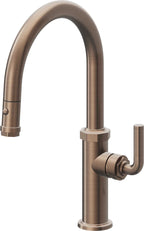 California Faucets Descanso Llave de Cocina con Rociador Extraíble hacia Abajo Industrial con Rociador de Botón - Low Pico en Arco - Bronce Satinado