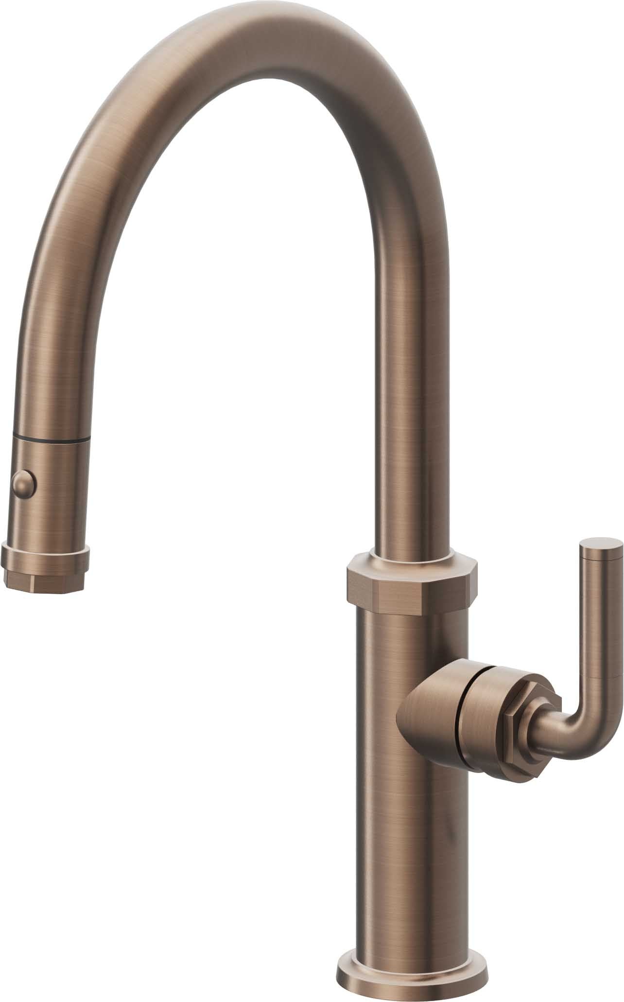 California Faucets Descanso Llave de Cocina con Rociador Extraíble hacia Abajo Industrial con Rociador de Botón - Low Pico en Arco - Bronce Satinado