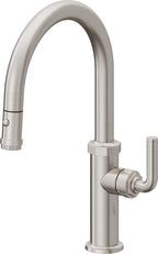 California Faucets Descanso Llave de Cocina con Rociador Extraíble hacia Abajo Industrial con Rociador de Botón - Low Pico en Arco - Acero Inoxidable Ultra