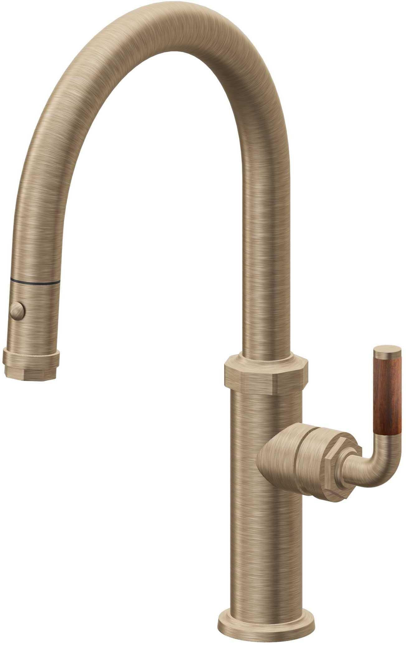 California Faucets Descanso Llave de Cocina con Rociador Extraíble hacia Abajo Industrial con Rociador de Botón - Low Pico en Arco - Latón Antiguo Mate