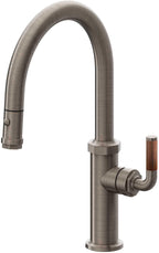 California Faucets Descanso Llave de Cocina con Rociador Extraíble hacia Abajo Industrial con Rociador de Botón - Low Pico en Arco - Níquel Antiguo Mate