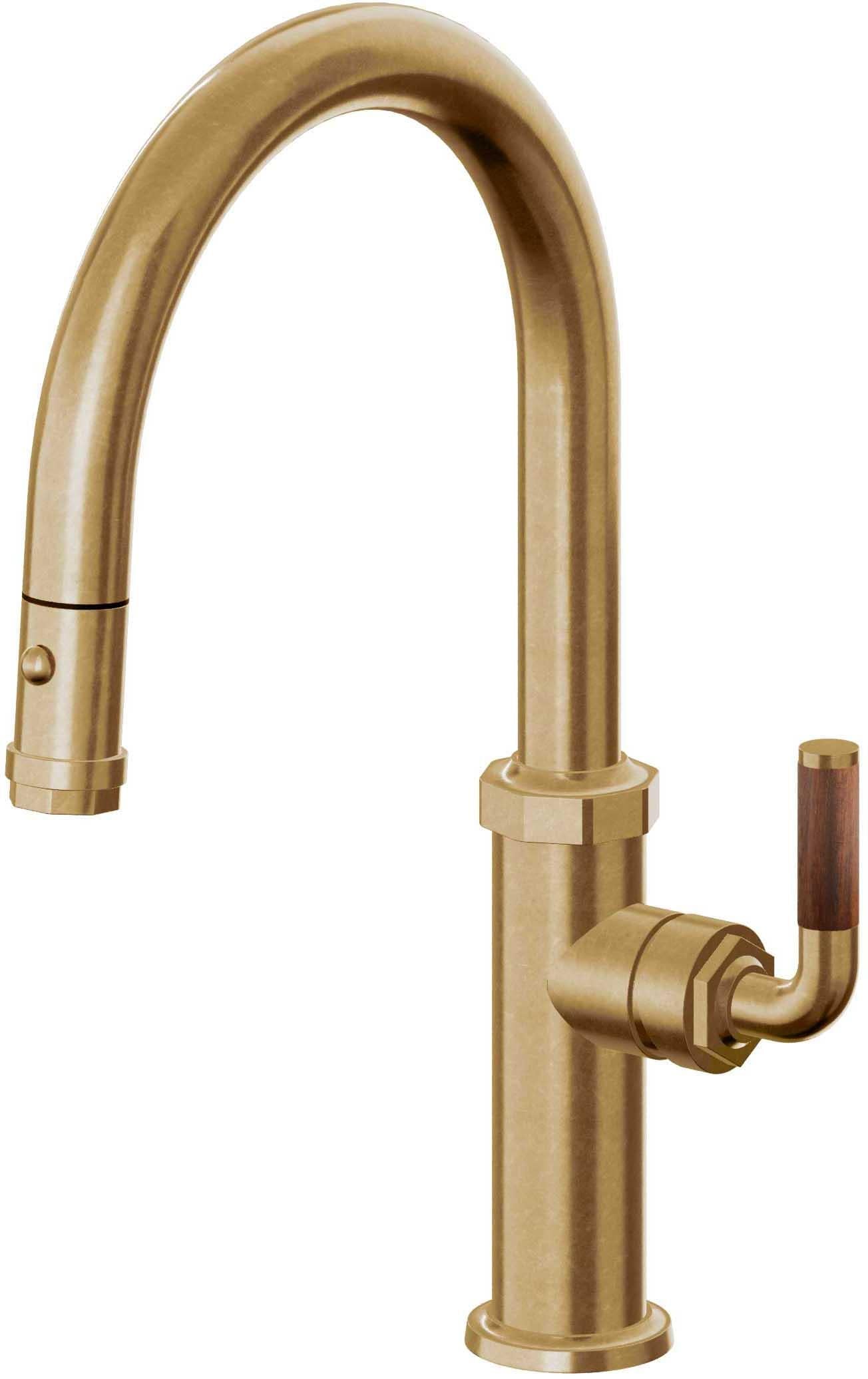 California Faucets Descanso Llave de Cocina con Rociador Extraíble hacia Abajo Industrial con Rociador de Botón - Low Pico en Arco - Latón Bruñido