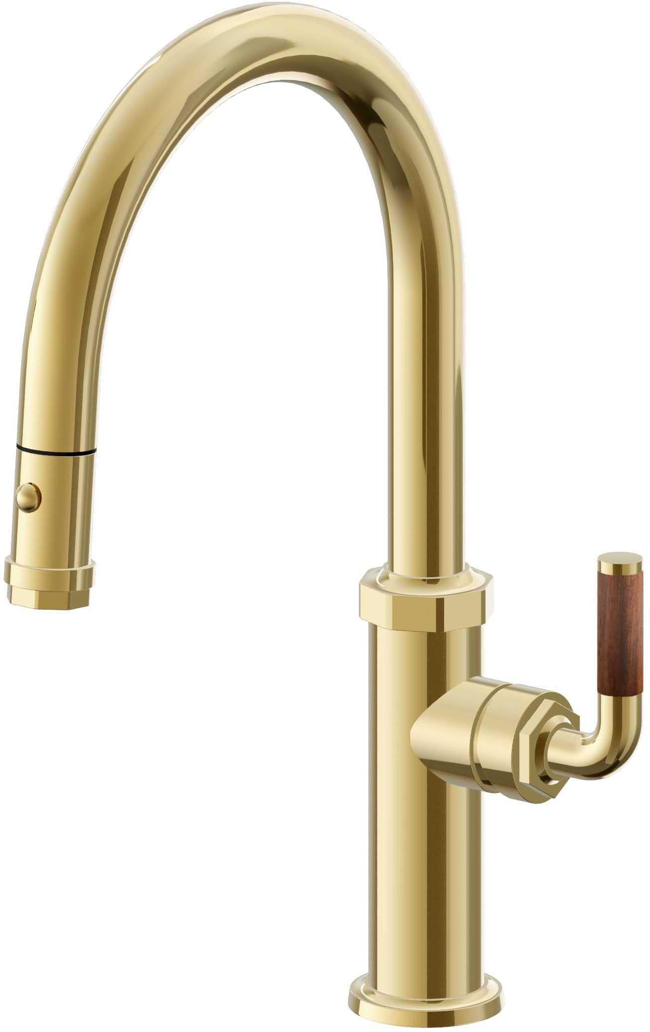 California Faucets Descanso Llave de Cocina con Rociador Extraíble hacia Abajo Industrial con Rociador de Botón - Low Pico en Arco - Oro Pulido de por Vida