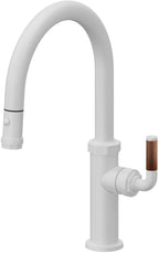 California Faucets Descanso Llave de Cocina con Rociador Extraíble hacia Abajo Industrial con Rociador de Botón - Low Pico en Arco - Blanco Mate