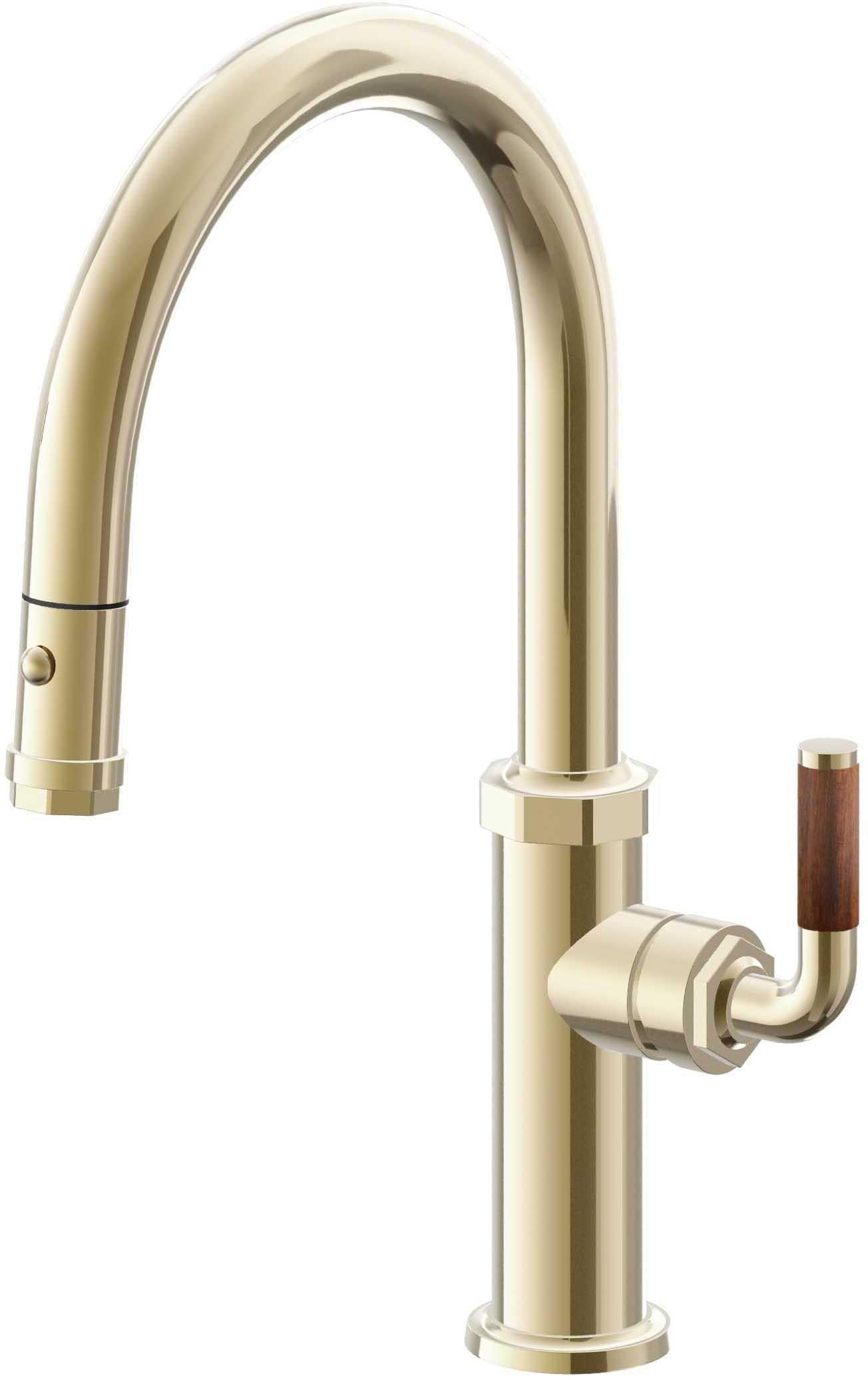 California Faucets Descanso Llave de Cocina con Rociador Extraíble hacia Abajo Industrial con Rociador de Botón - Low Pico en Arco - Latón Pulido