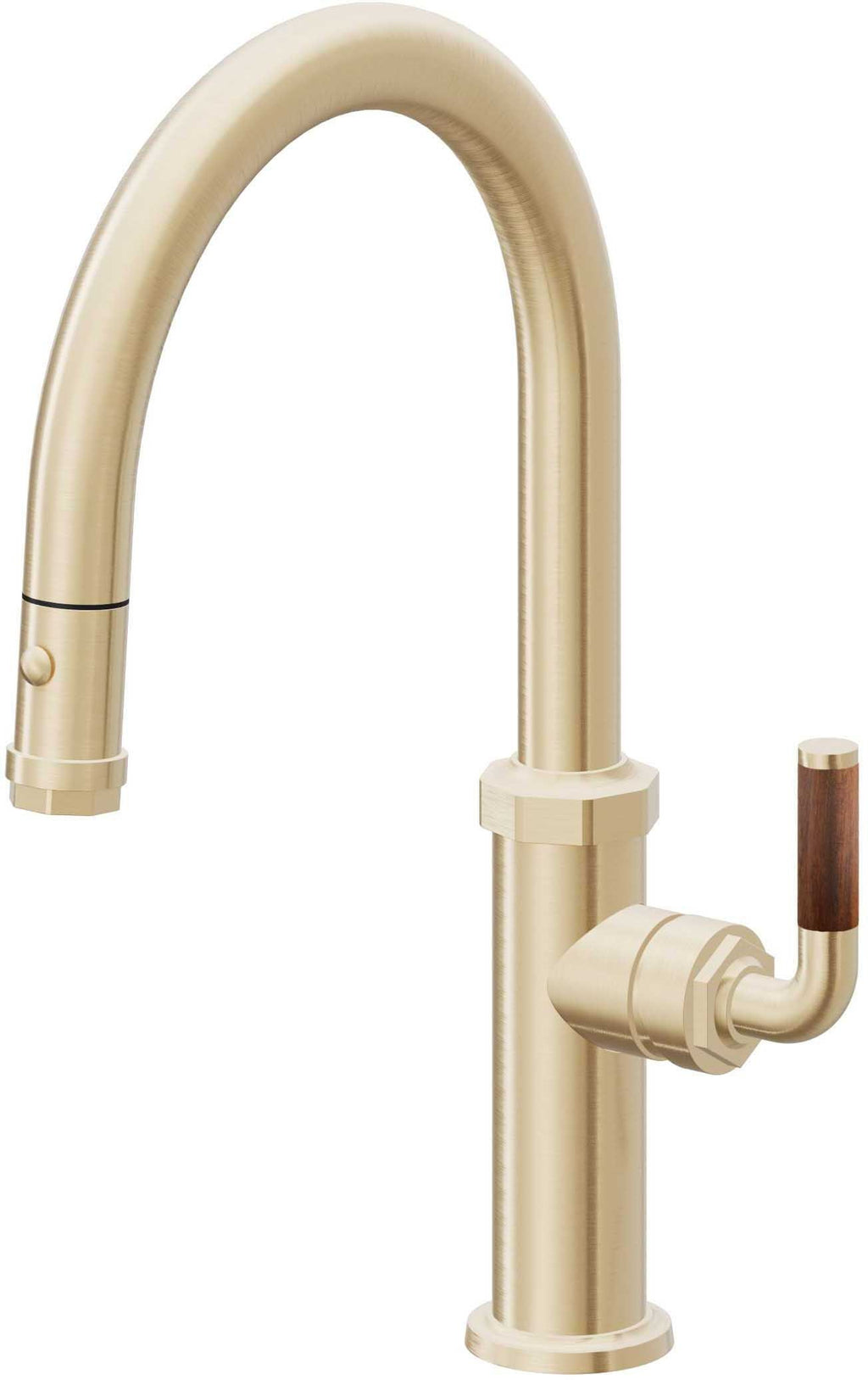 California Faucets Descanso Llave de Cocina con Rociador Extraíble hacia Abajo Industrial con Rociador de Botón - Low Pico en Arco - Latón Satinado