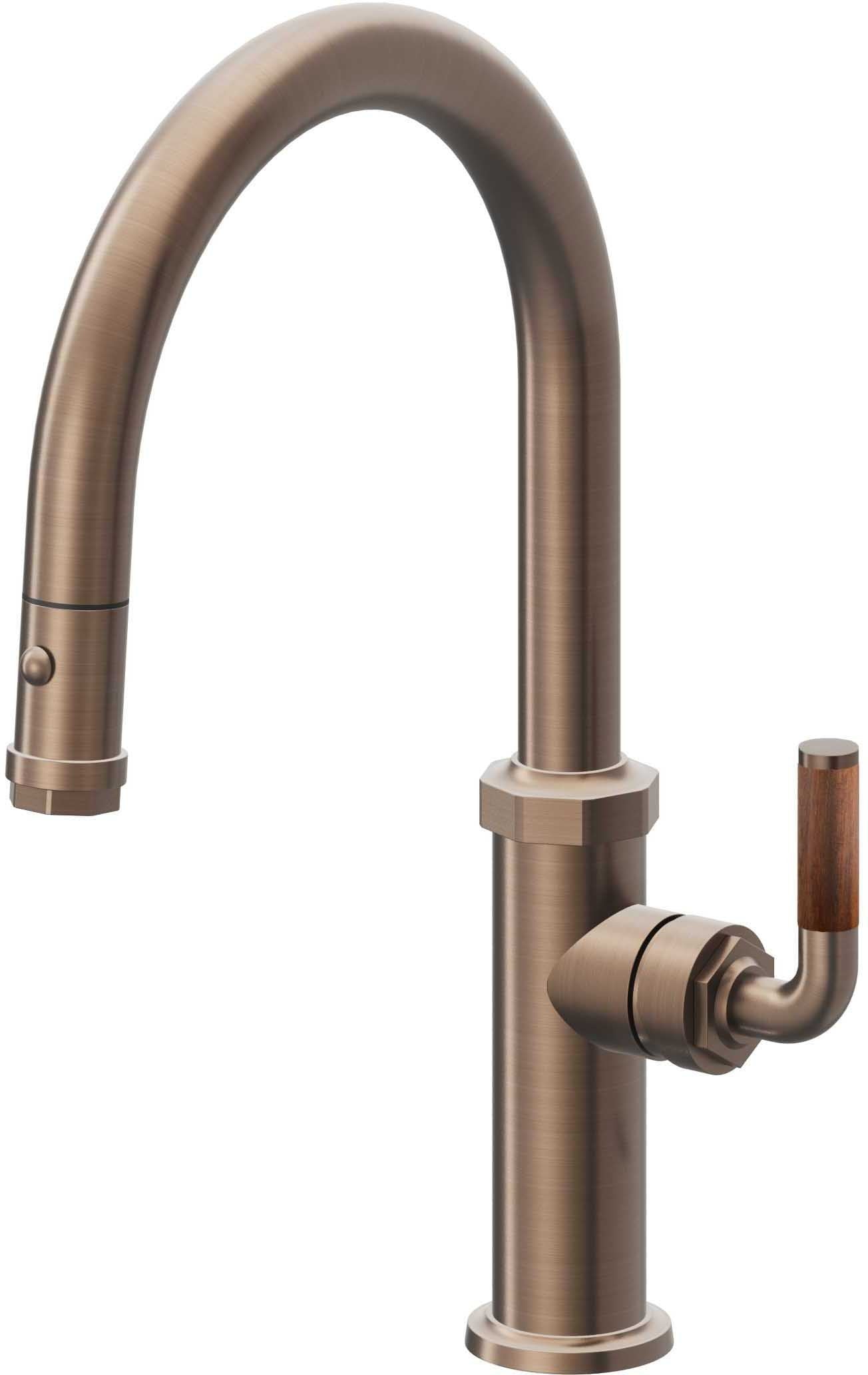 California Faucets Descanso Llave de Cocina con Rociador Extraíble hacia Abajo Industrial con Rociador de Botón - Low Pico en Arco - Bronce Satinado