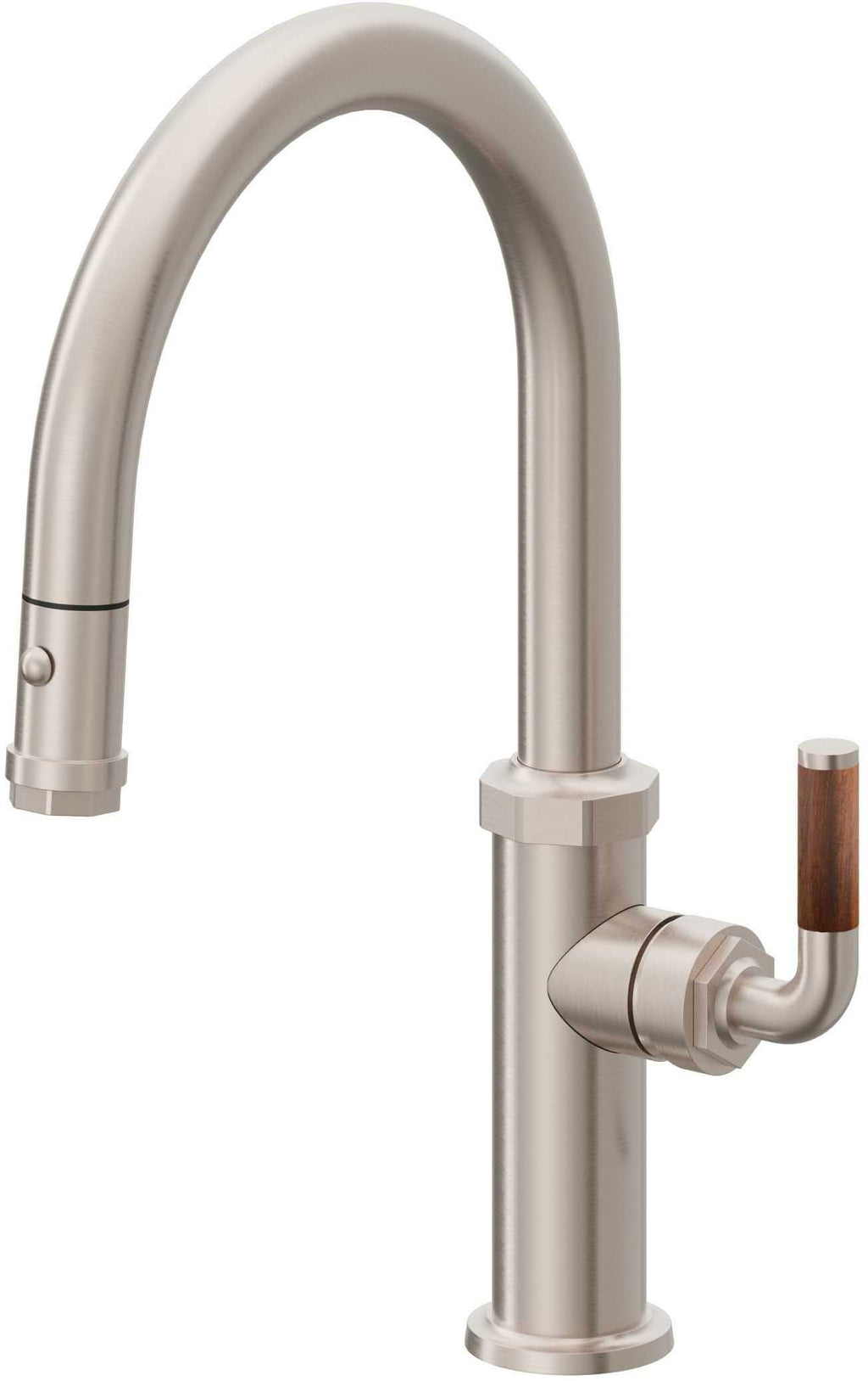 California Faucets Descanso Llave de Cocina con Rociador Extraíble hacia Abajo Industrial con Rociador de Botón - Low Pico en Arco - Níquel Satinado