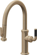 California Faucets Descanso Llave de Cocina con Rociador Extraíble hacia Abajo Industrial con Rociador de Compresión - Low Pico en Arco - Latón Antiguo Mate