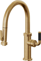 California Faucets Descanso Llave de Cocina con Rociador Extraíble hacia Abajo Industrial con Rociador de Compresión - Low Pico en Arco - Latón Bruñido