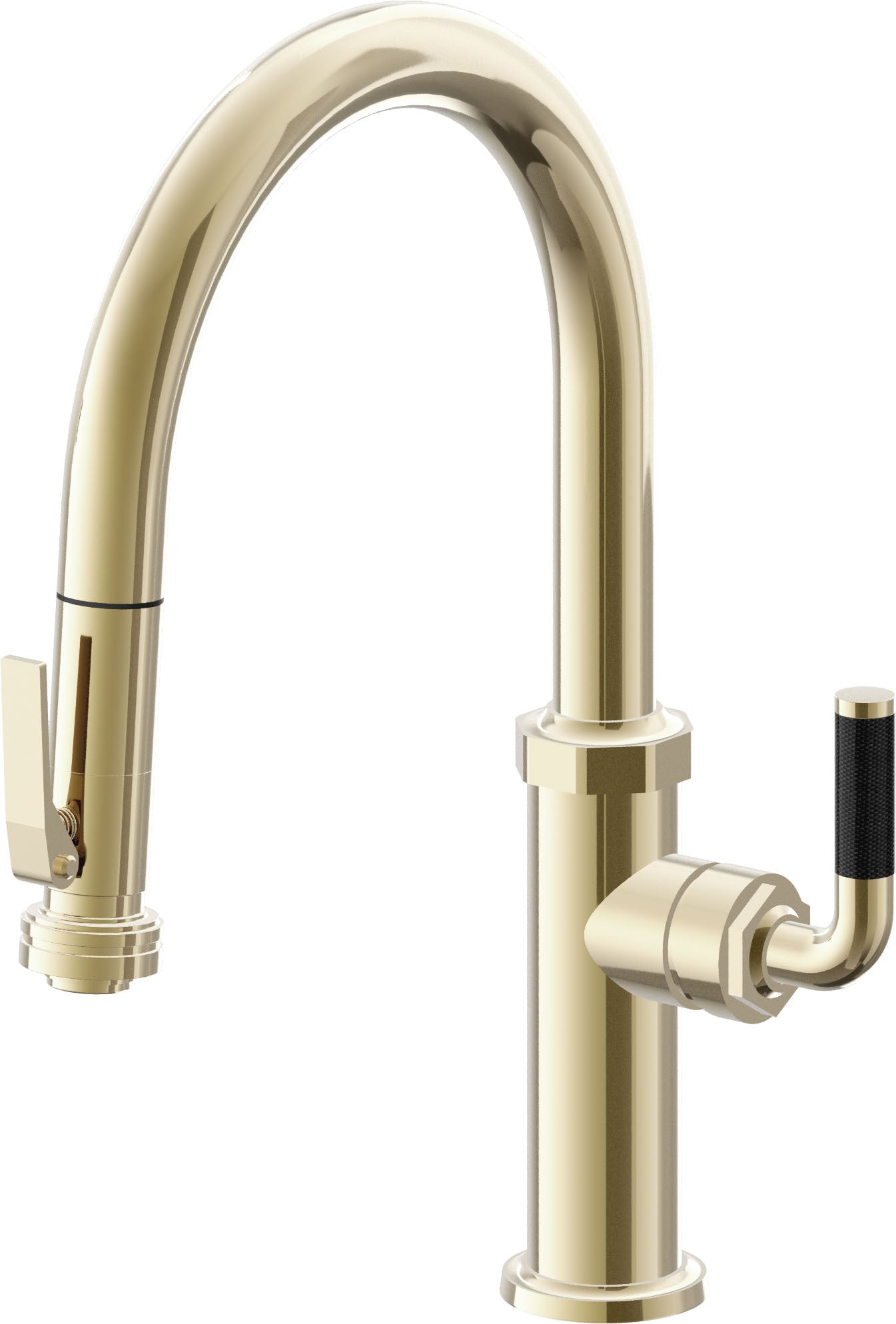 California Faucets Descanso Llave de Cocina con Rociador Extraíble hacia Abajo Industrial con Rociador de Compresión - Low Pico en Arco - Latón Pulido