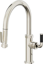 California Faucets Descanso Llave de Cocina con Rociador Extraíble hacia Abajo Industrial con Rociador de Compresión - Low Pico en Arco - Níquel Pulido