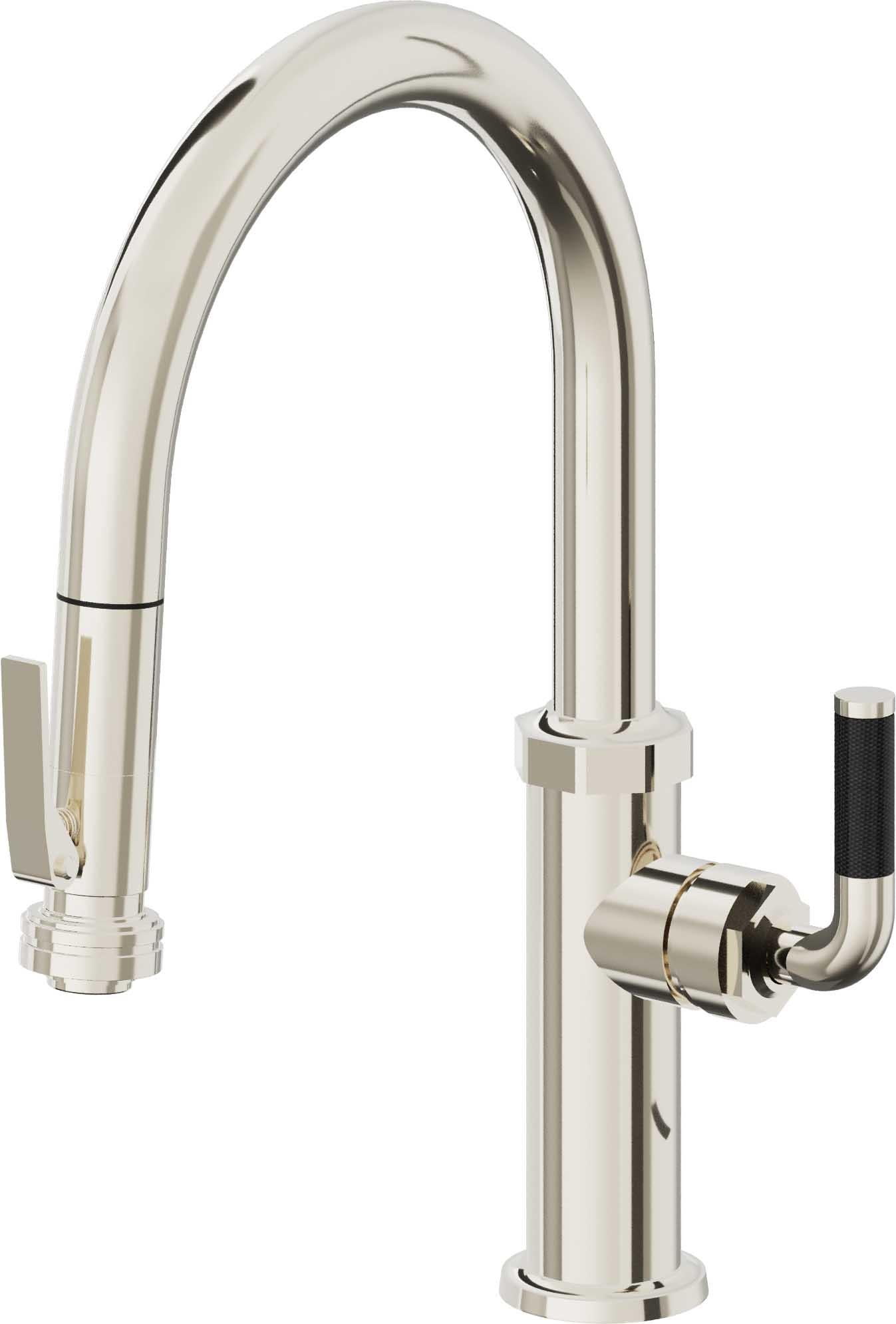 California Faucets Descanso Llave de Cocina con Rociador Extraíble hacia Abajo Industrial con Rociador de Compresión - Low Pico en Arco - Níquel Pulido