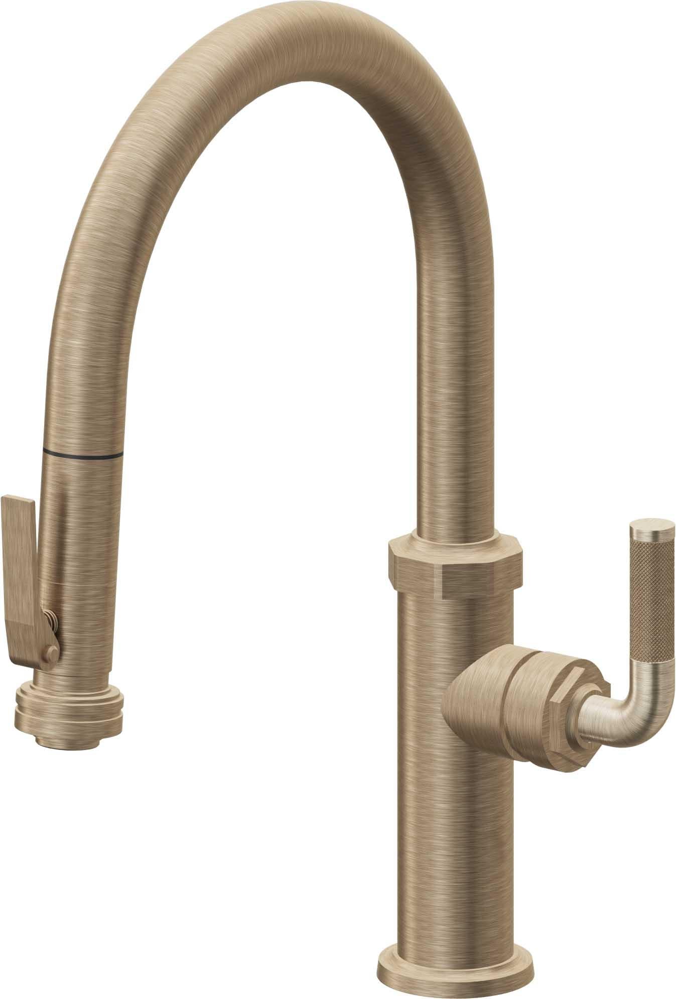 California Faucets Descanso Llave de Cocina con Rociador Extraíble hacia Abajo Industrial con Rociador de Compresión - Low Pico en Arco - Latón Antiguo Mate