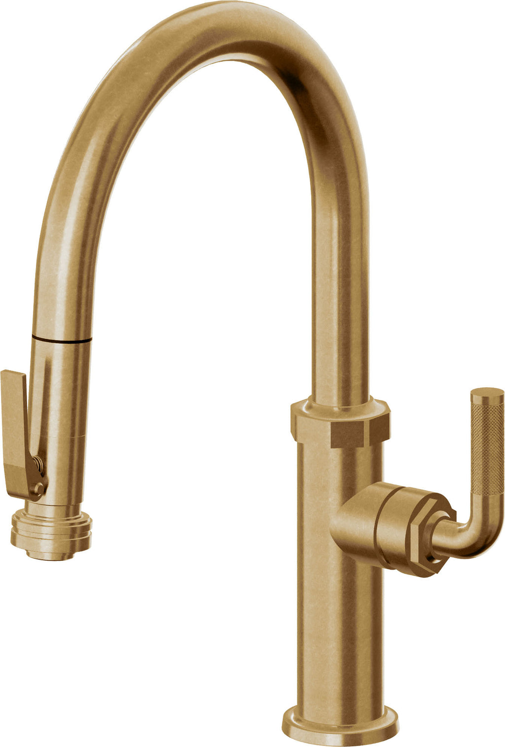 California Faucets Descanso Llave de Cocina con Rociador Extraíble hacia Abajo Industrial con Rociador de Compresión - Low Pico en Arco - Latón Bruñido