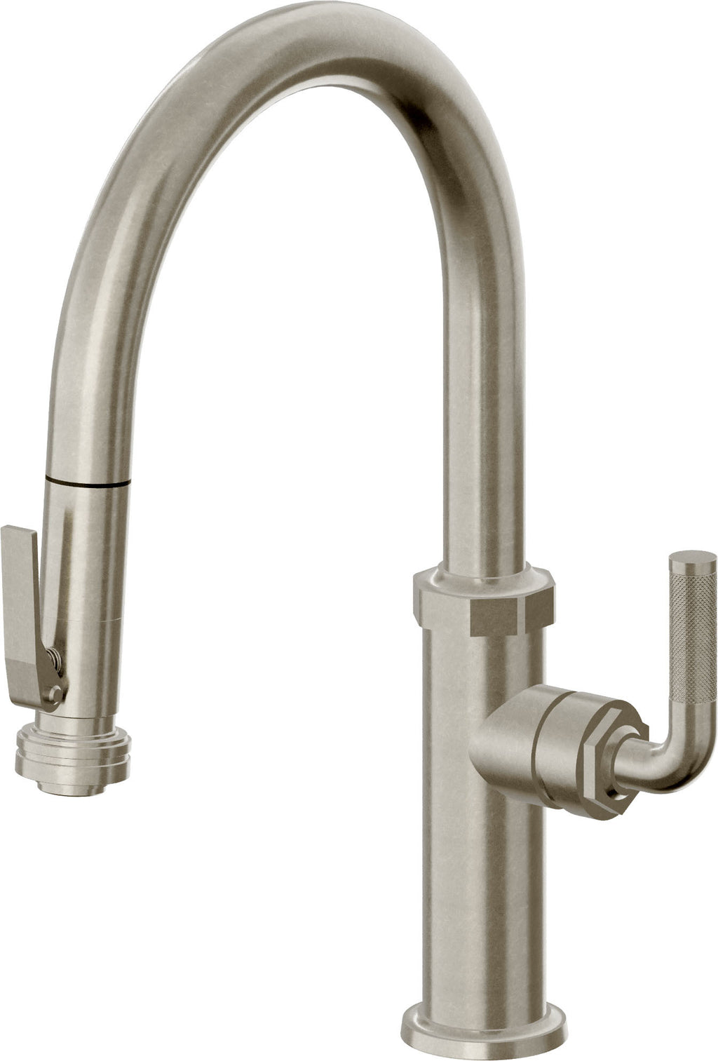 California Faucets Descanso Llave de Cocina con Rociador Extraíble hacia Abajo Industrial con Rociador de Compresión - Low Pico en Arco - Níquel Bruñido
