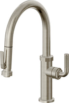 California Faucets Descanso Llave de Cocina con Rociador Extraíble hacia Abajo Industrial con Rociador de Compresión - Low Pico en Arco - Níquel Bruñido