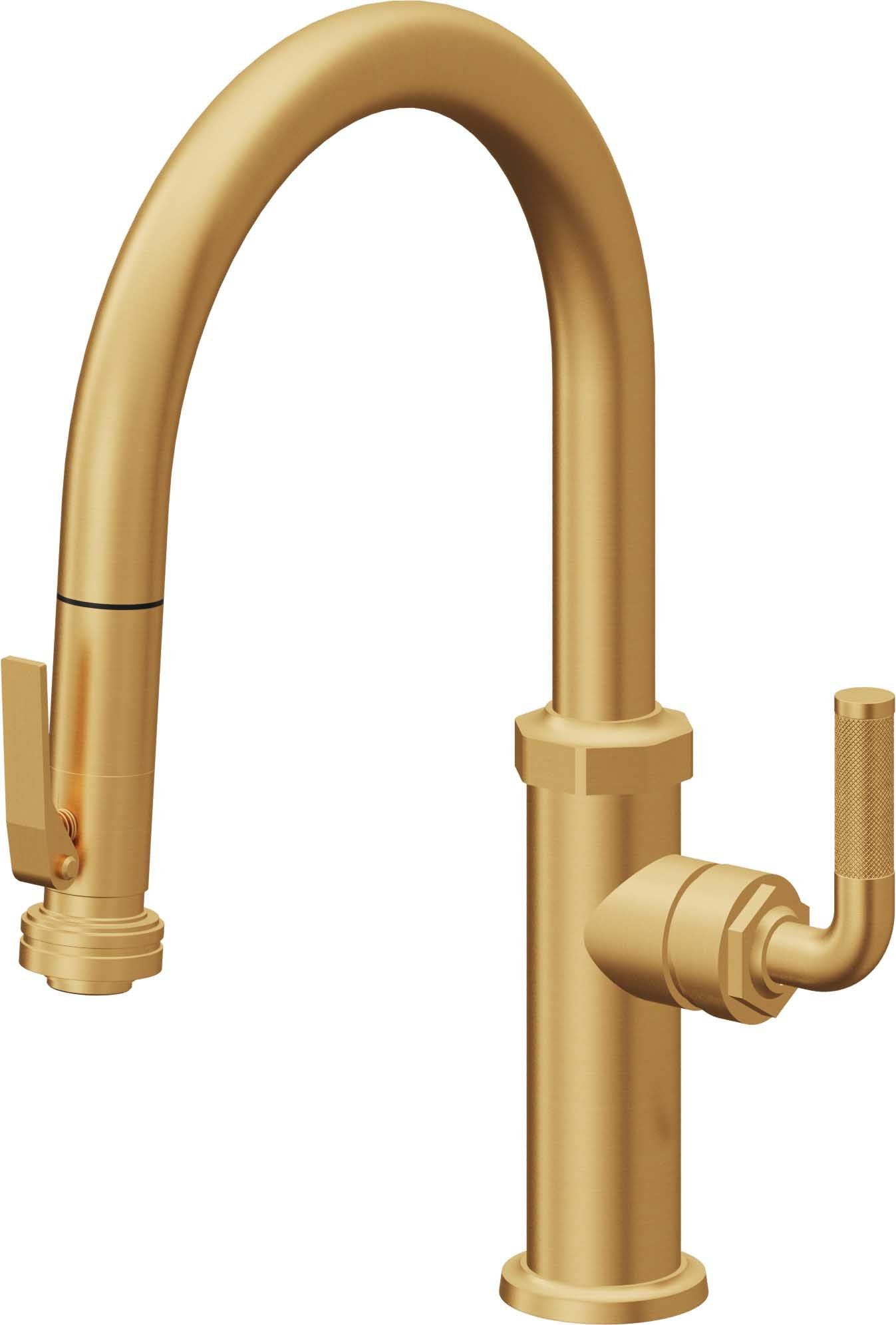 California Faucets Descanso Llave de Cocina con Rociador Extraíble hacia Abajo Industrial con Rociador de Compresión - Low Pico en Arco - Oro Satinado de por Vida
