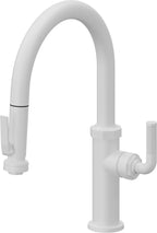 California Faucets Descanso Llave de Cocina con Rociador Extraíble hacia Abajo Industrial con Rociador de Compresión - Low Pico en Arco - Blanco Mate