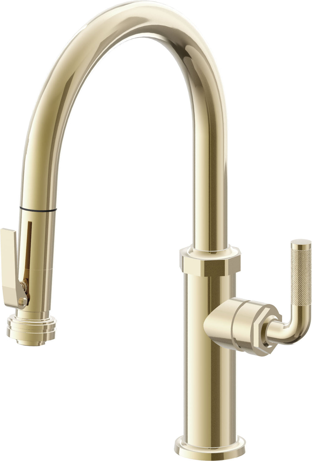 California Faucets Descanso Llave de Cocina con Rociador Extraíble hacia Abajo Industrial con Rociador de Compresión - Low Pico en Arco - Latón Pulido