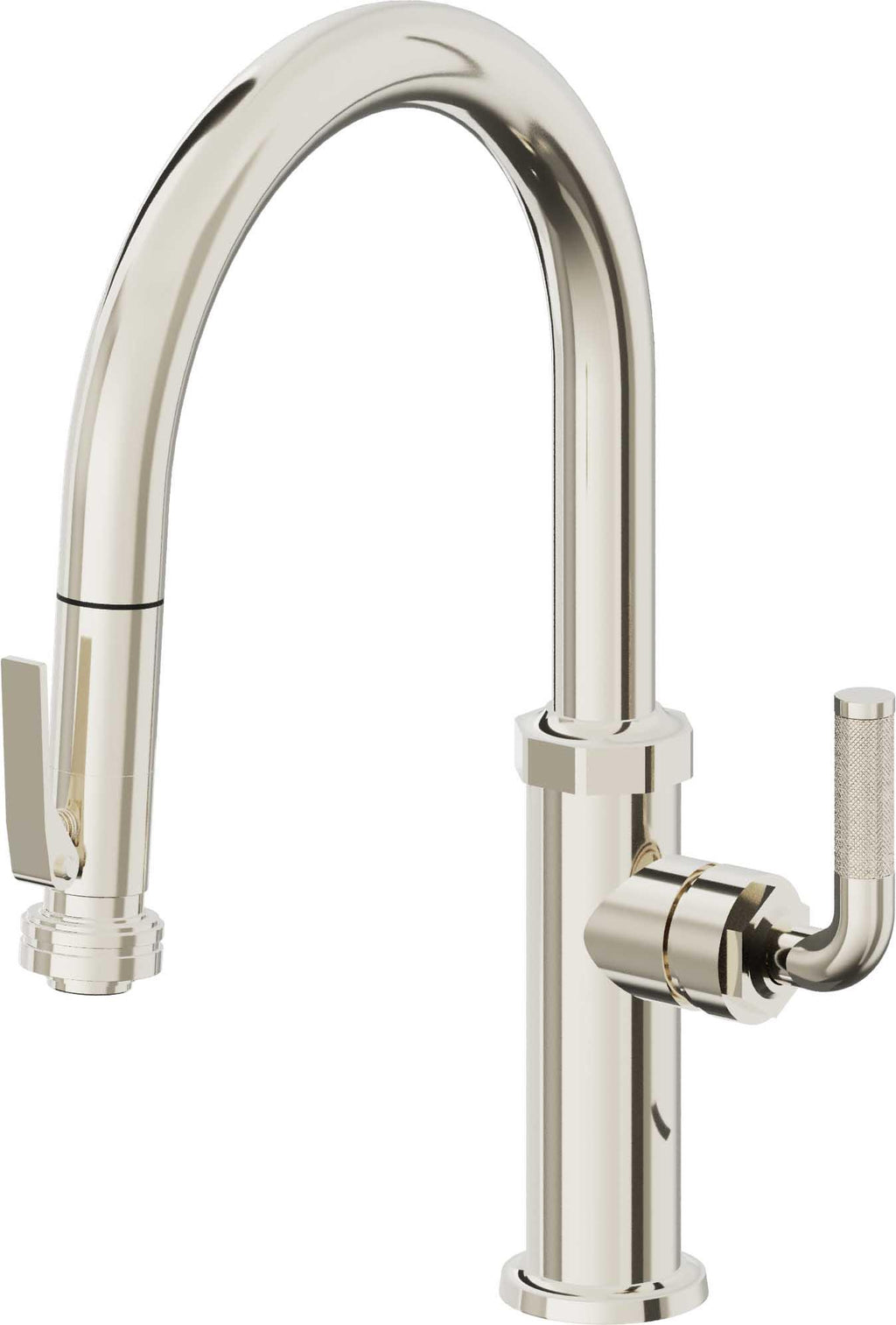 California Faucets Descanso Llave de Cocina con Rociador Extraíble hacia Abajo Industrial con Rociador de Compresión - Low Pico en Arco - Níquel Pulido