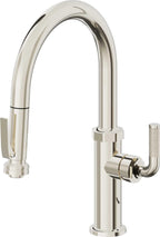 California Faucets Descanso Llave de Cocina con Rociador Extraíble hacia Abajo Industrial con Rociador de Compresión - Low Pico en Arco - Níquel Pulido