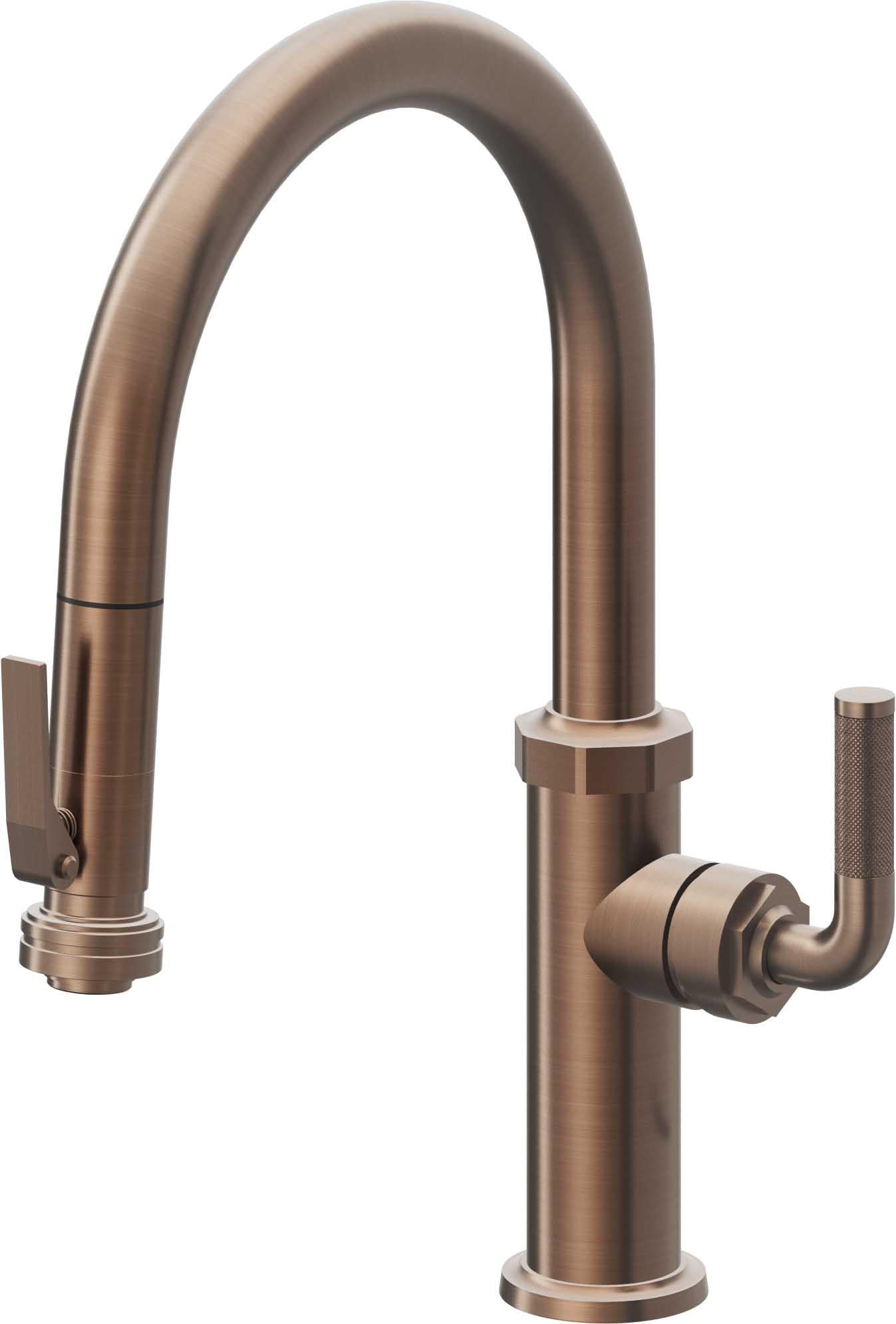 California Faucets Descanso Llave de Cocina con Rociador Extraíble hacia Abajo Industrial con Rociador de Compresión - Low Pico en Arco - Bronce Satinado