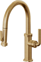 California Faucets Descanso Llave de Cocina con Rociador Extraíble hacia Abajo Industrial con Rociador de Compresión - Low Pico en Arco - Latón Bruñido