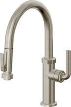 California Faucets Descanso Llave de Cocina con Rociador Extraíble hacia Abajo Industrial con Rociador de Compresión - Low Pico en Arco - Níquel Bruñido