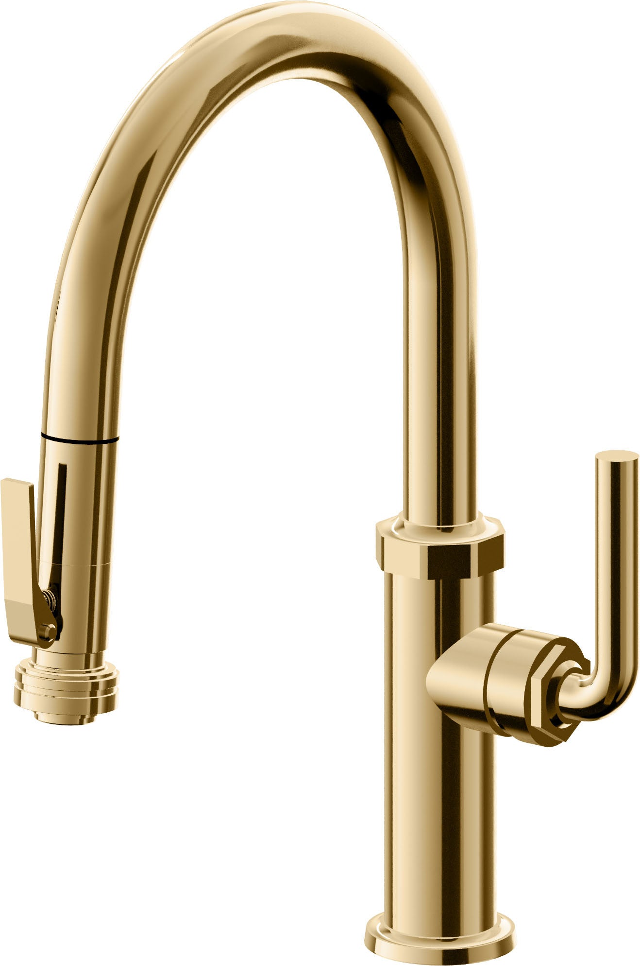California Faucets Descanso Llave de Cocina con Rociador Extraíble hacia Abajo Industrial con Rociador de Compresión - Low Pico en Arco - Oro Francés
