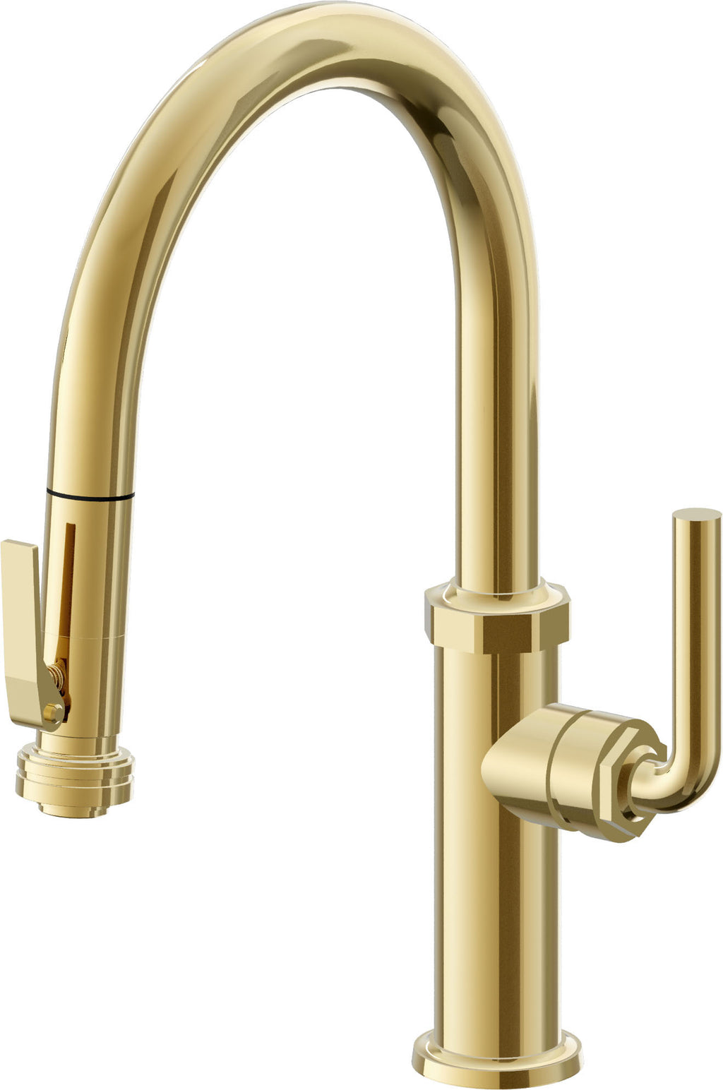 California Faucets Descanso Llave de Cocina con Rociador Extraíble hacia Abajo Industrial con Rociador de Compresión - Low Pico en Arco - Oro Pulido de por Vida