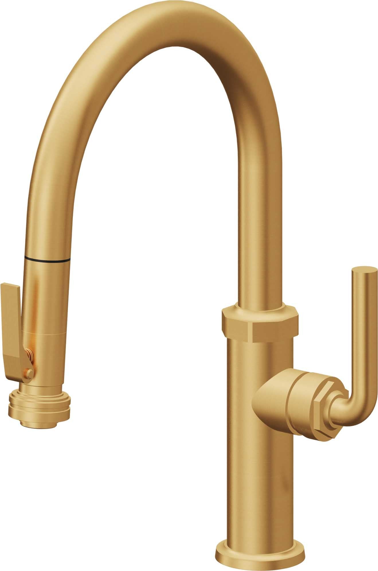California Faucets Descanso Llave de Cocina con Rociador Extraíble hacia Abajo Industrial con Rociador de Compresión - Low Pico en Arco - Oro Satinado de por Vida