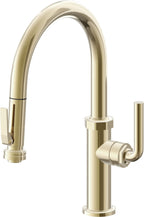 California Faucets Descanso Llave de Cocina con Rociador Extraíble hacia Abajo Industrial con Rociador de Compresión - Low Pico en Arco - Latón Pulido