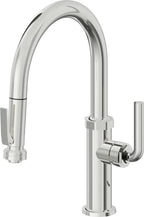 California Faucets Descanso Llave de Cocina con Rociador Extraíble hacia Abajo Industrial con Rociador de Compresión - Low Pico en Arco - Cromo Pulido
