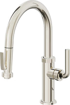 California Faucets Descanso Llave de Cocina con Rociador Extraíble hacia Abajo Industrial con Rociador de Compresión - Low Pico en Arco - Níquel Pulido