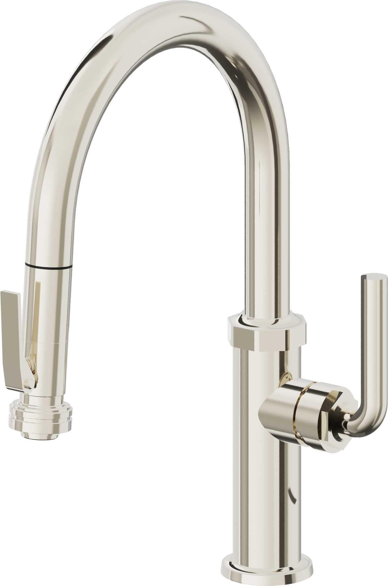 California Faucets Descanso Llave de Cocina con Rociador Extraíble hacia Abajo Industrial con Rociador de Compresión - Low Pico en Arco - Níquel Pulido