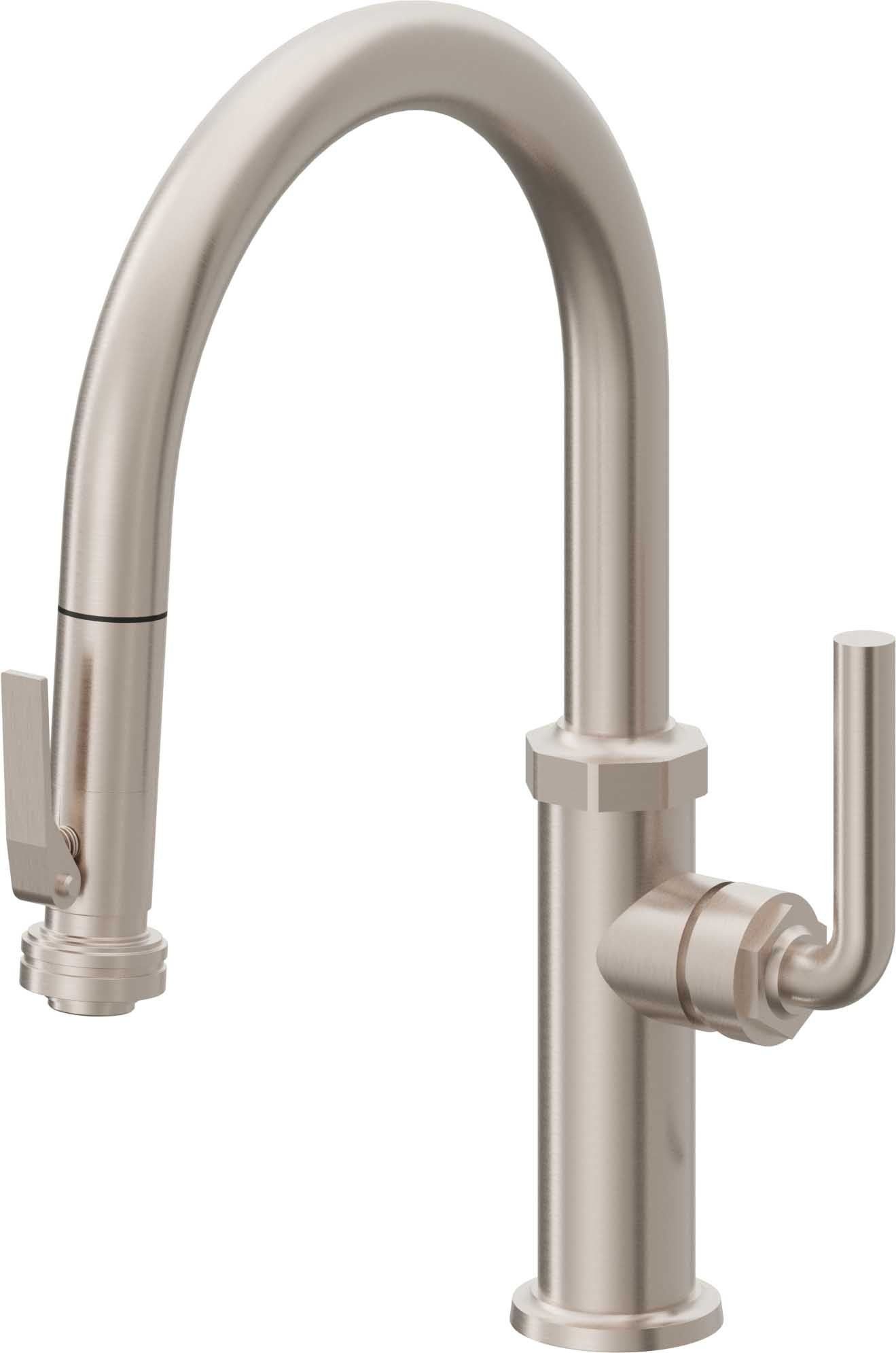 California Faucets Descanso Llave de Cocina con Rociador Extraíble hacia Abajo Industrial con Rociador de Compresión - Low Pico en Arco - Níquel Satinado