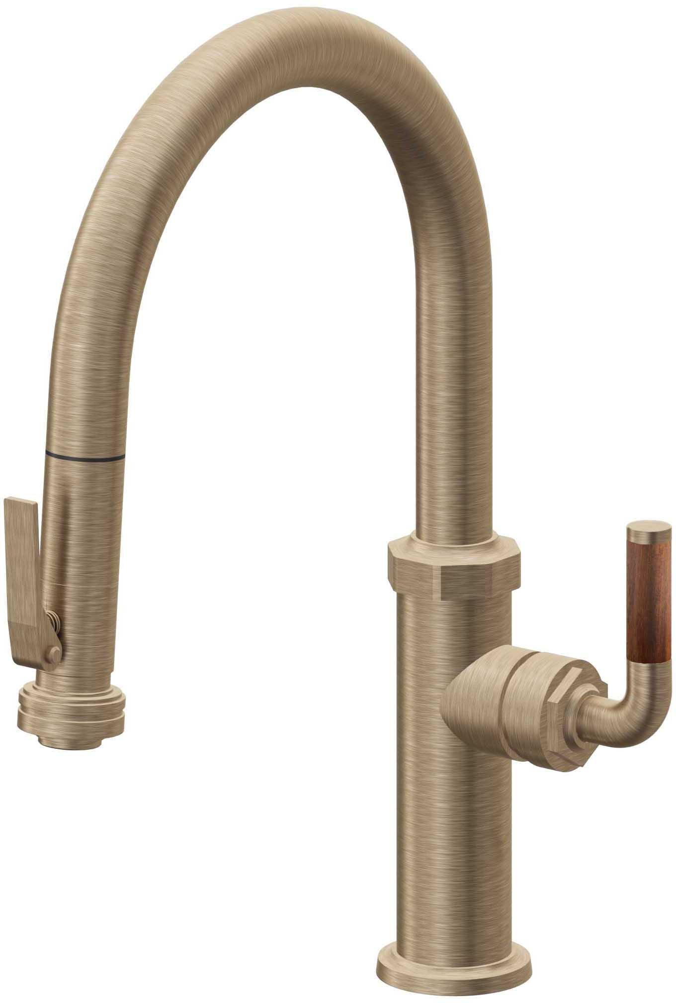 California Faucets Descanso Llave de Cocina con Rociador Extraíble hacia Abajo Industrial con Rociador de Compresión - Low Pico en Arco - Latón Antiguo Mate