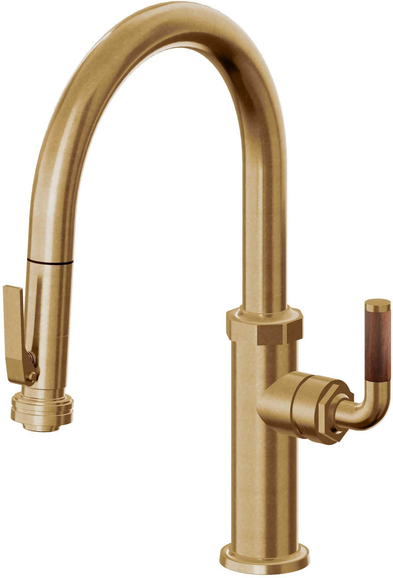 California Faucets Descanso Llave de Cocina con Rociador Extraíble hacia Abajo Industrial con Rociador de Compresión - Low Pico en Arco - Latón Bruñido