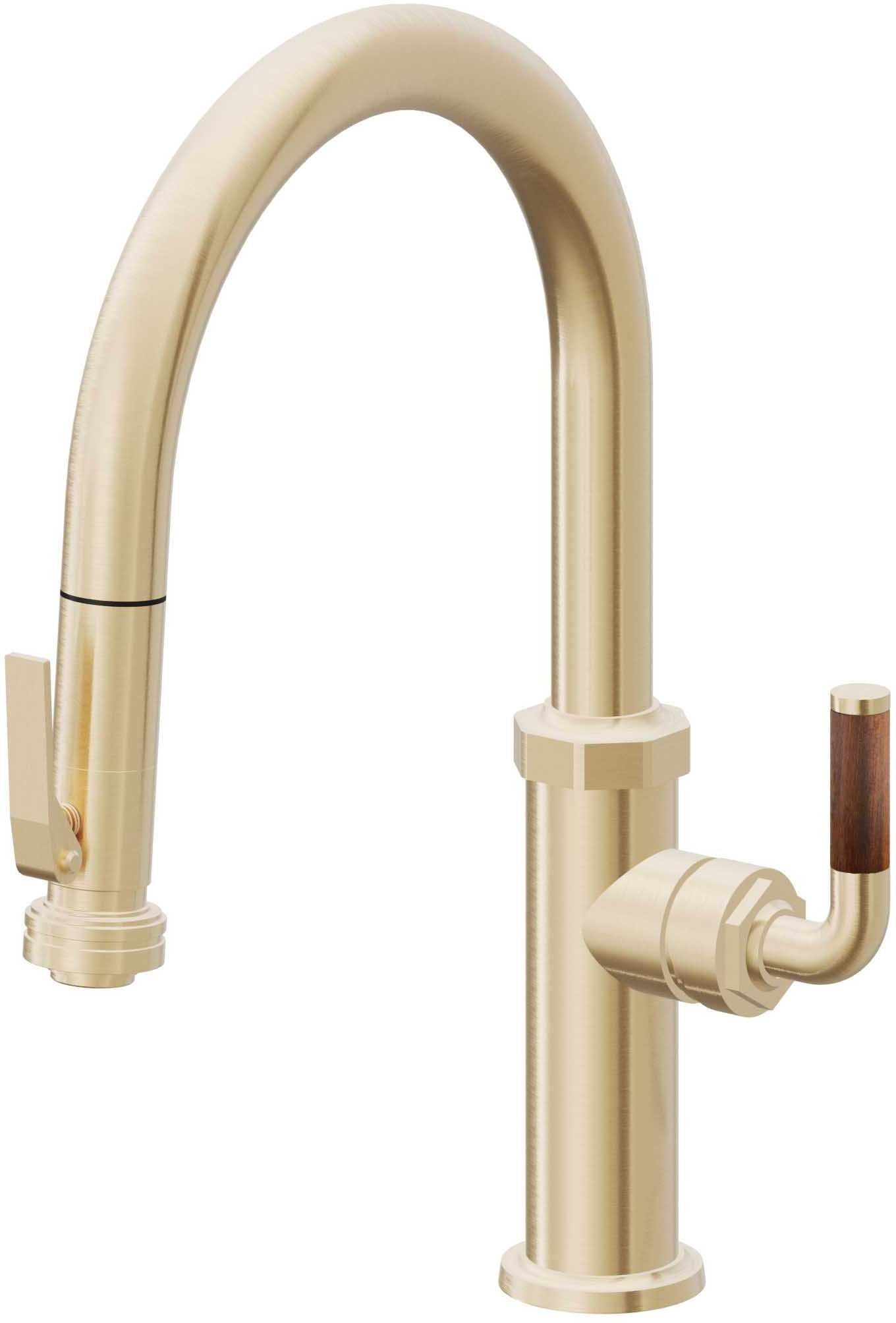California Faucets Descanso Llave de Cocina con Rociador Extraíble hacia Abajo Industrial con Rociador de Compresión - Low Pico en Arco - Latón Satinado