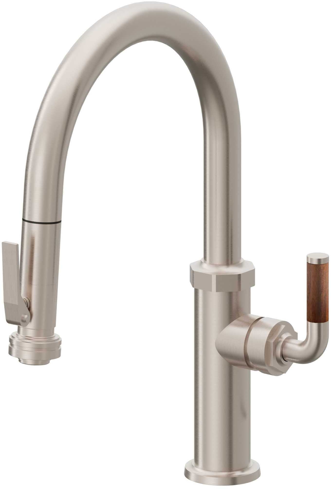 California Faucets Descanso Llave de Cocina con Rociador Extraíble hacia Abajo Industrial con Rociador de Compresión - Low Pico en Arco - Níquel Satinado