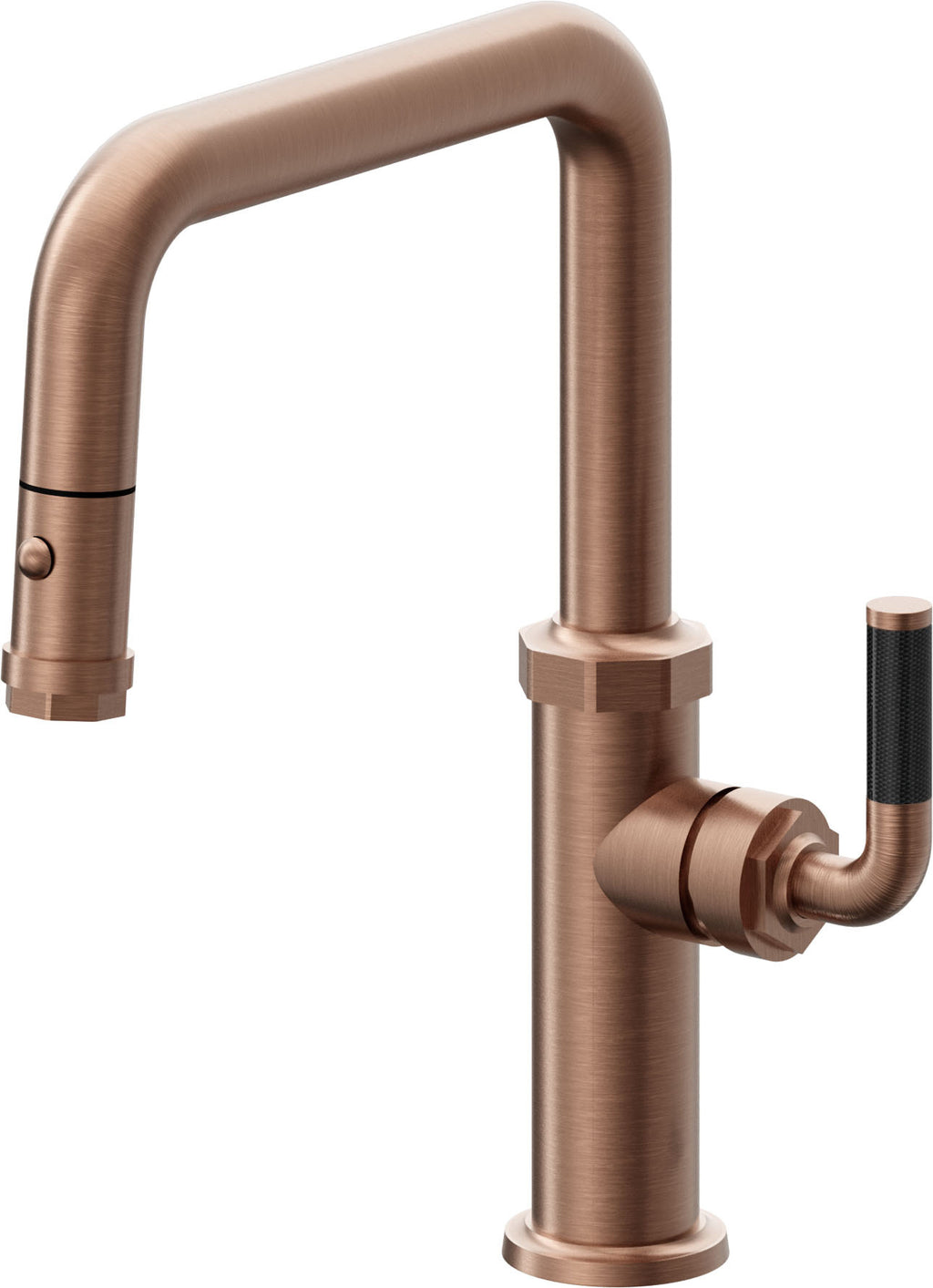 California Faucets Descanso Llave de Cocina con Rociador Extraíble hacia Abajo Industrial con Rociador de Botón - Pico Cuadrado - Cobre Antiguo Mate