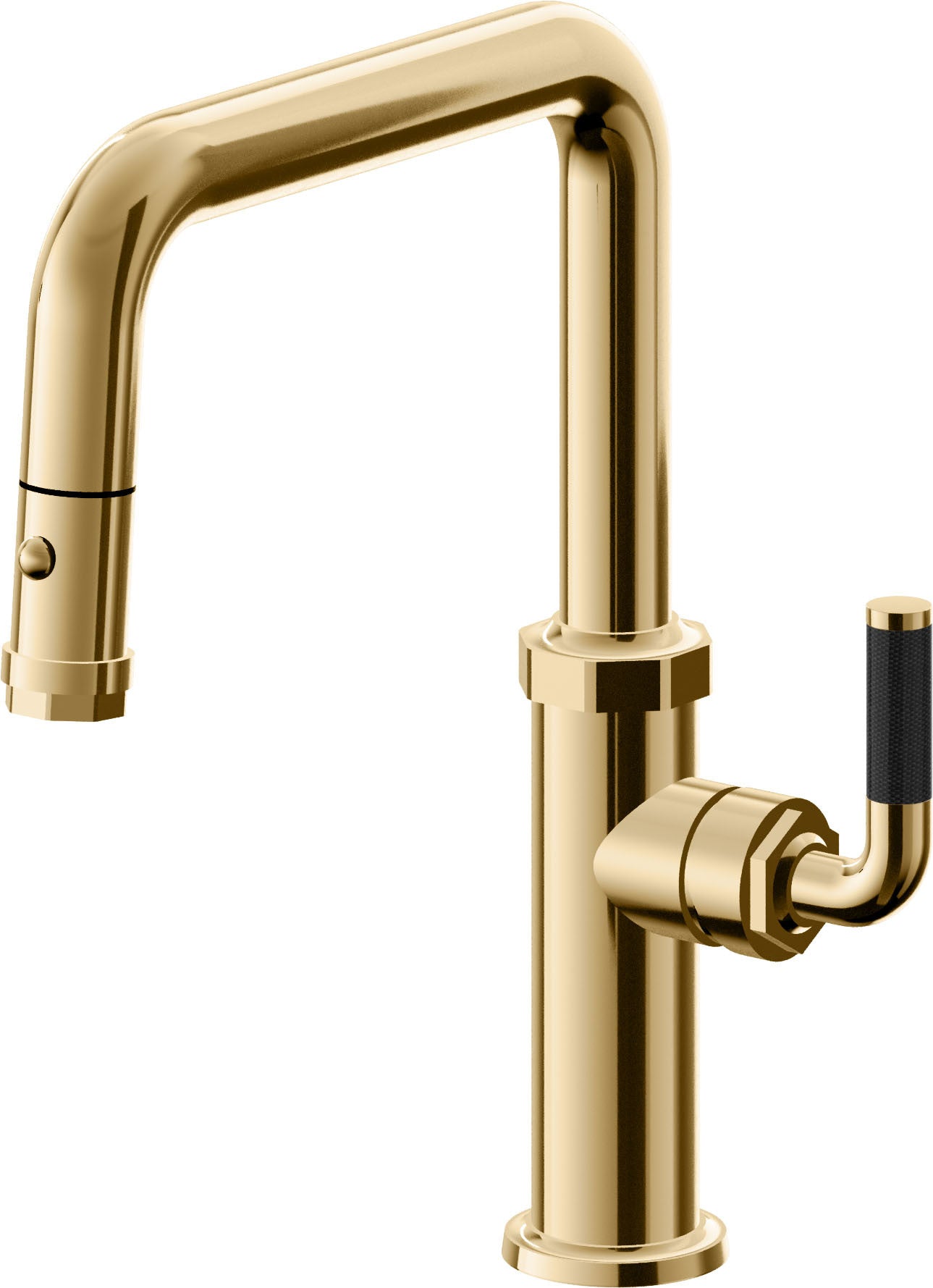 California Faucets Descanso Llave de Cocina con Rociador Extraíble hacia Abajo Industrial con Rociador de Botón - Pico Cuadrado - Oro Francés
