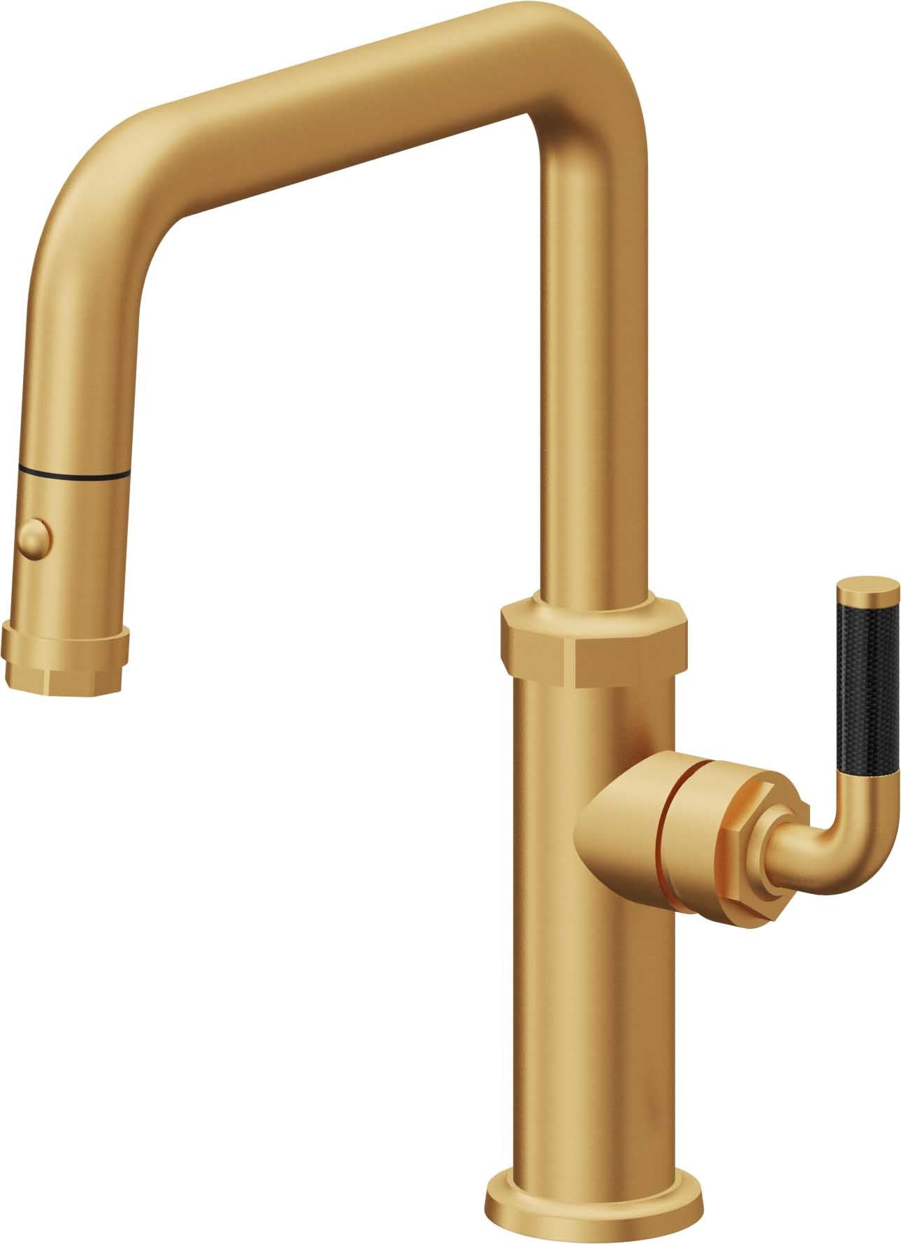 California Faucets Descanso Llave de Cocina con Rociador Extraíble hacia Abajo Industrial con Rociador de Botón - Pico Cuadrado - Oro Satinado de por Vida