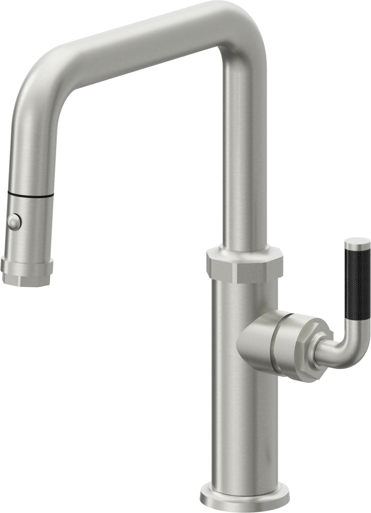 California Faucets Descanso Llave de Cocina con Rociador Extraíble hacia Abajo Industrial con Rociador de Botón - Pico Cuadrado - Cromo Satinado