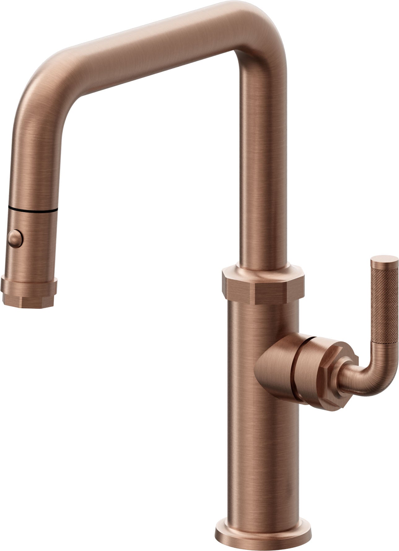 California Faucets Descanso Llave de Cocina con Rociador Extraíble hacia Abajo Industrial con Rociador de Botón - Pico Cuadrado - Cobre Antiguo Mate