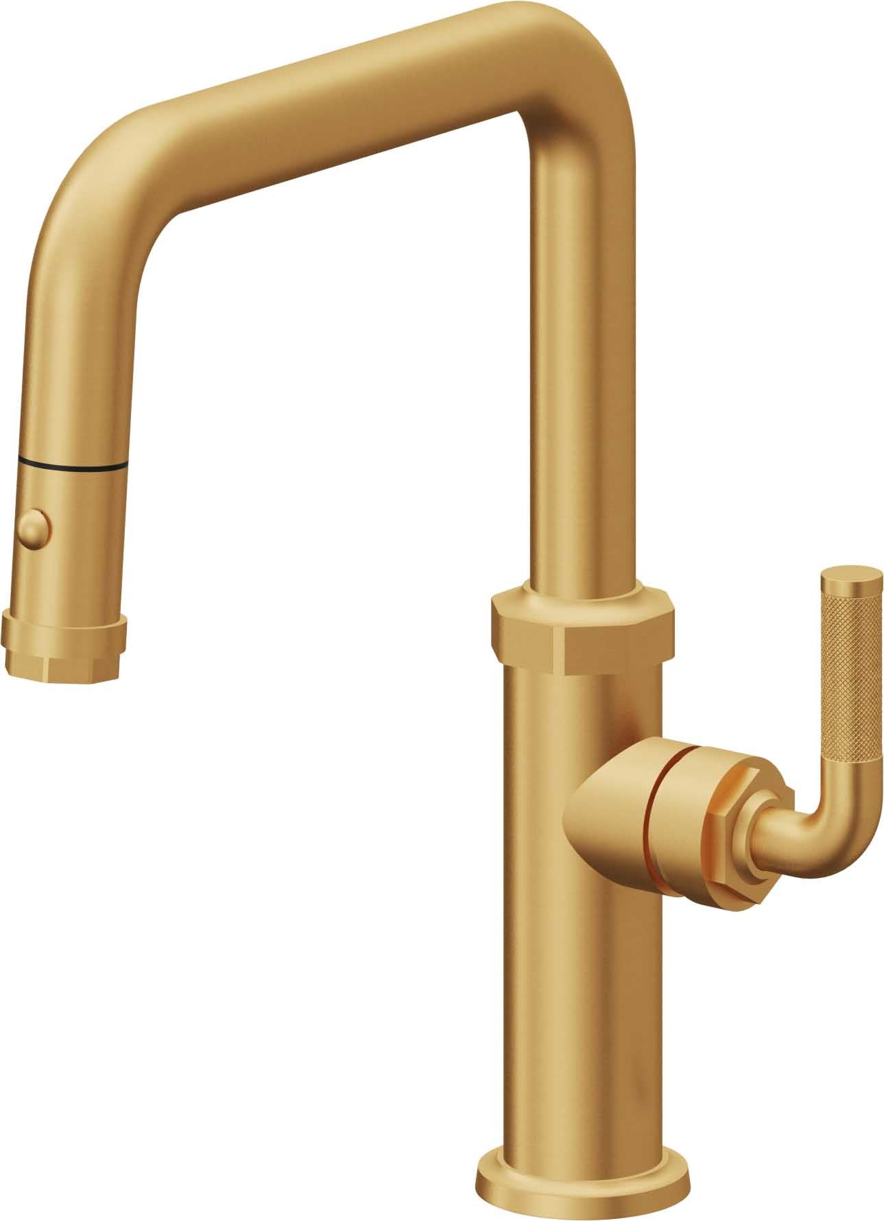 California Faucets Descanso Llave de Cocina con Rociador Extraíble hacia Abajo Industrial con Rociador de Botón - Pico Cuadrado - Oro Satinado de por Vida