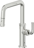 California Faucets Descanso Llave de Cocina con Rociador Extraíble hacia Abajo Industrial con Rociador de Botón - Pico Cuadrado - Cromo Pulido